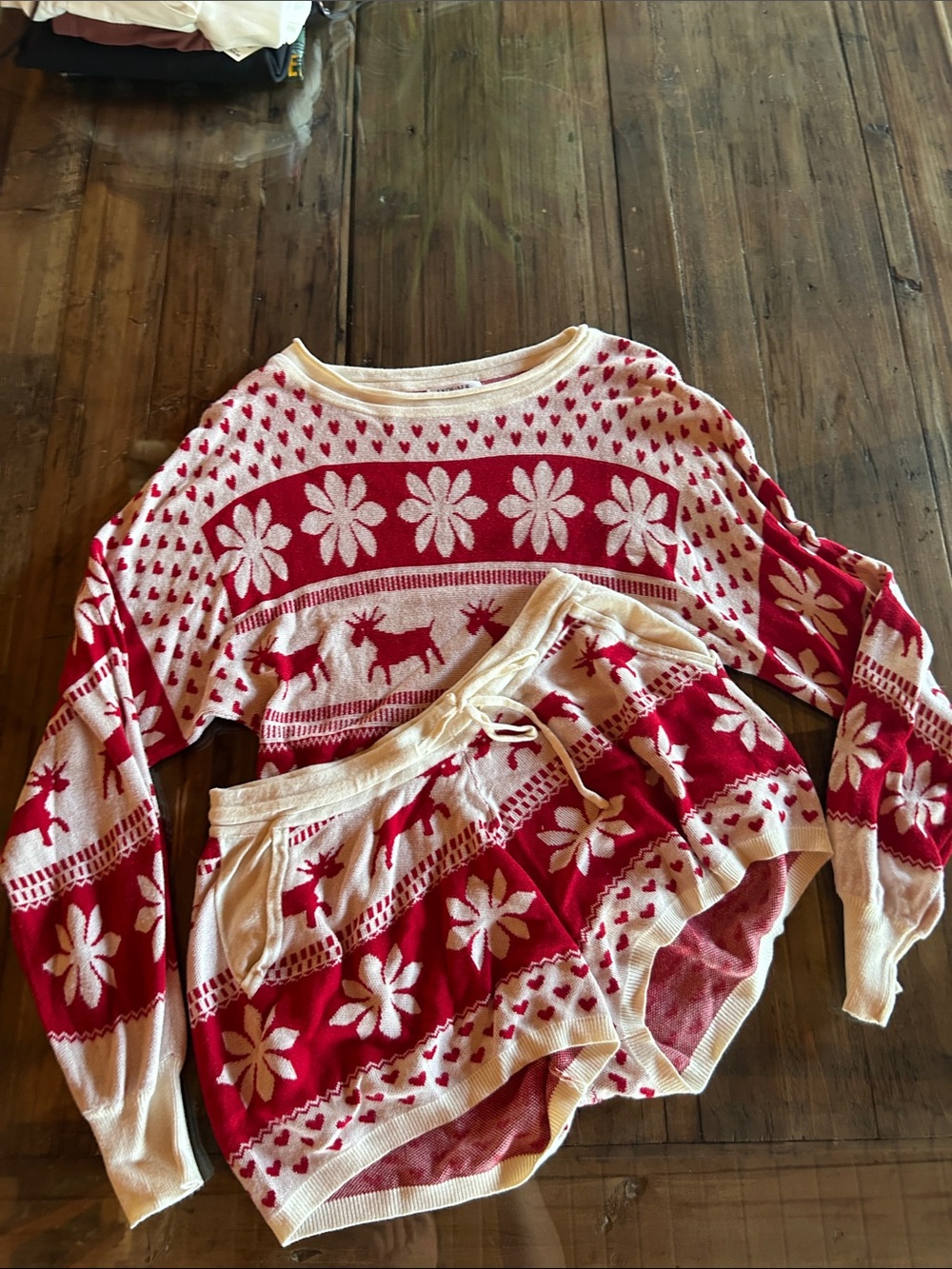 Red & Cream Floral Reindeer Knit Pajama Set